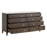 Essentials for Living Cambria 8-Drawer Double Dresser Dutch Brown Oak, Bianco Marble, Aged Brass