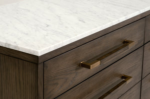 Essentials for Living Cambria 8-Drawer Double Dresser Dutch Brown Oak, Bianco Marble, Aged Brass