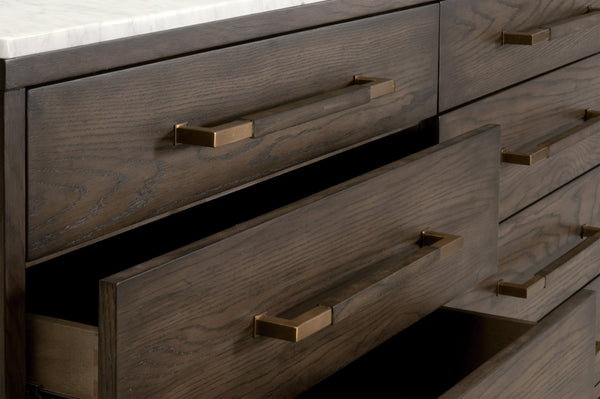 Essentials for Living Cambria 8-Drawer Double Dresser Dutch Brown Oak, Bianco Marble, Aged Brass