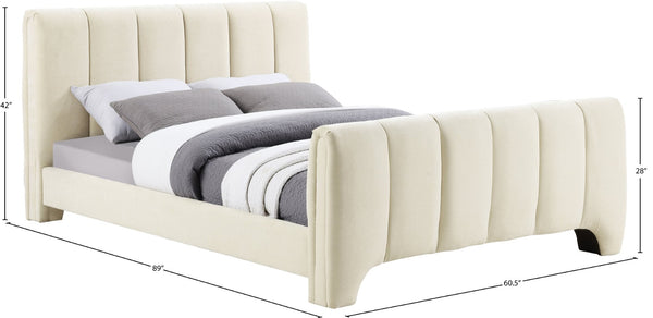 Meridian Furniture Camila Channel Tufted Chenille Full Upholstered Bed Sculpted Headboard Modern Bedroom Frame Beige CamilaBeige-F