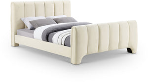 Meridian Furniture Camila Channel Tufted Chenille Full Upholstered Bed Sculpted Headboard Modern Bedroom Frame Beige CamilaBeige-F