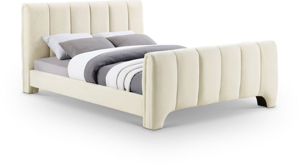 Meridian Furniture Camila Channel Tufted Chenille Full Upholstered Bed Sculpted Headboard Modern Bedroom Frame Beige CamilaBeige-F