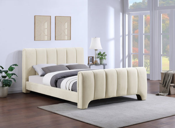 Meridian Furniture Camila Channel Tufted Chenille Full Upholstered Bed Sculpted Headboard Modern Bedroom Frame Beige CamilaBeige-F