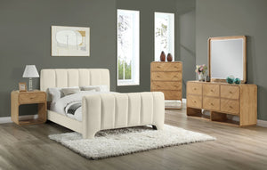 Meridian Furniture Camila Channel Tufted Chenille Full Upholstered Bed Sculpted Headboard Modern Bedroom Frame Beige CamilaBeige-F