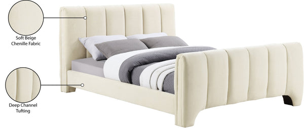 Meridian Furniture Camila Queen Platform Bed Channel Tufted Chenille Upholstered Frame Modern Bedroom Anchor Beige CamilaBeige-Q