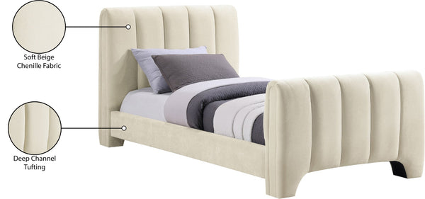 Meridian Furniture Camila Channel Tufted Twin Bed Soft Chenille Upholstered Frame for Modern Bedrooms Beige CamilaBeige-T