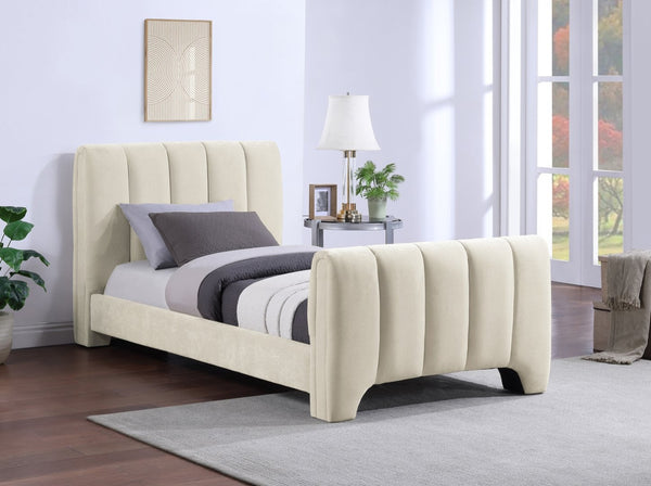 Meridian Furniture Camila Channel Tufted Twin Bed Soft Chenille Upholstered Frame for Modern Bedrooms Beige CamilaBeige-T