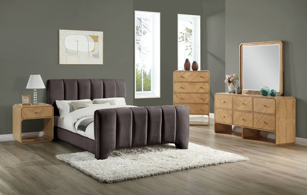 Meridian Furniture Camila Channel Tufted Chenille Full Upholstered Bed Sculpted Headboard Modern Bedroom Frame Brown CamilaBrown-F