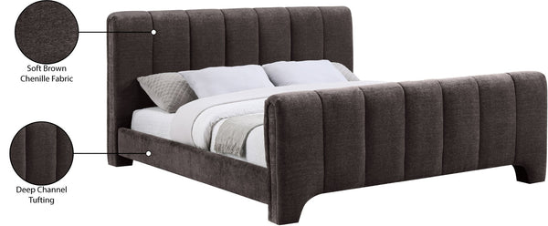 Meridian Furniture Camila Queen Platform Bed Channel Tufted Chenille Upholstered Frame Modern Bedroom Anchor Brown CamilaBrown-Q