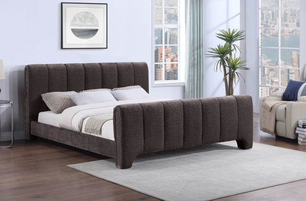 Meridian Furniture Camila Queen Platform Bed Channel Tufted Chenille Upholstered Frame Modern Bedroom Anchor Brown CamilaBrown-Q
