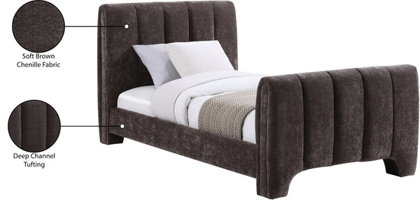 Meridian Furniture Camila Channel Tufted Twin Bed Soft Chenille Upholstered Frame for Modern Bedrooms Brown CamilaBrown-T