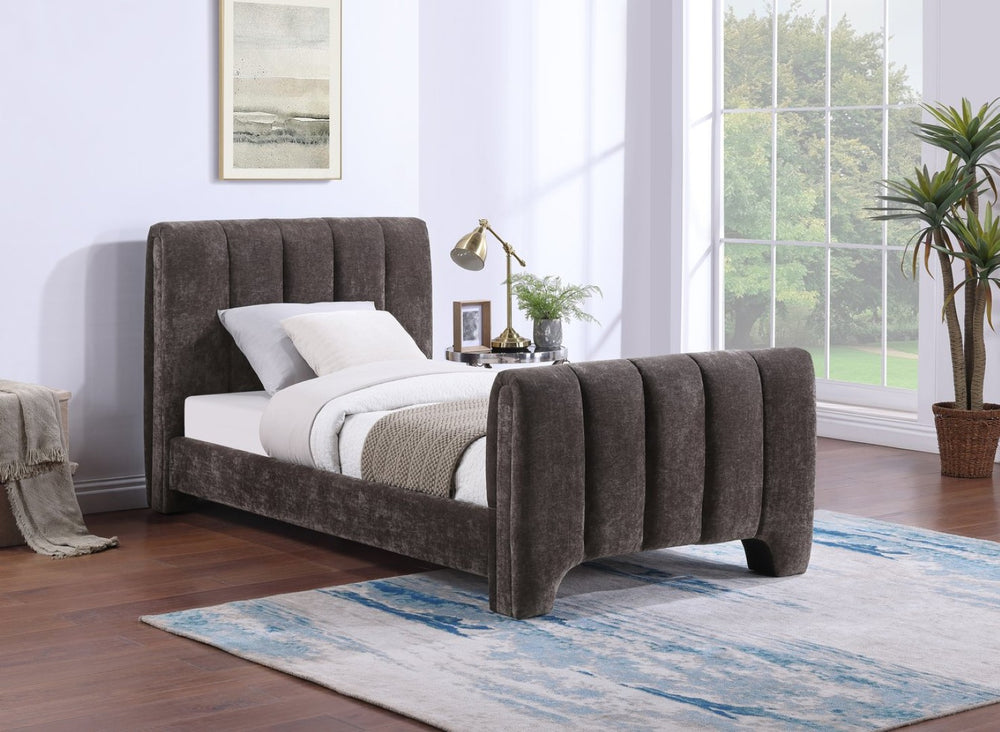 Meridian Furniture Camila Channel Tufted Twin Bed Soft Chenille Upholstered Frame for Modern Bedrooms Brown CamilaBrown-T