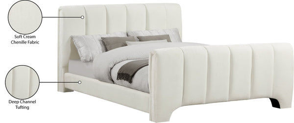Meridian Furniture Camila Channel Tufted Chenille Full Upholstered Bed Sculpted Headboard Modern Bedroom Frame Cream CamilaCream-F