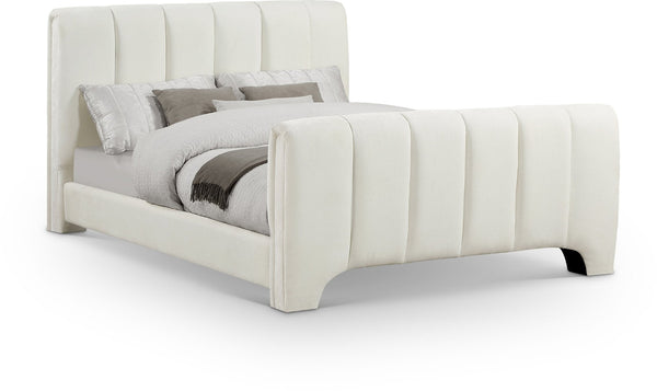 Meridian Furniture Camila Channel Tufted Chenille Full Upholstered Bed Sculpted Headboard Modern Bedroom Frame Cream CamilaCream-F