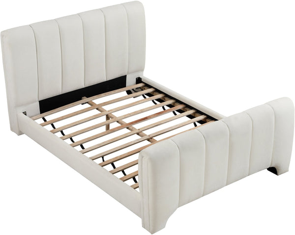 Meridian Furniture Camila Queen Platform Bed Channel Tufted Chenille Upholstered Frame Modern Bedroom Anchor Cream CamilaCream-Q