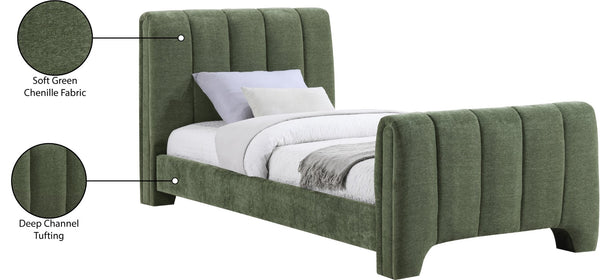 Meridian Furniture Camila Channel Tufted Twin Bed Soft Chenille Upholstered Frame for Modern Bedrooms Green CamilaGreen-T