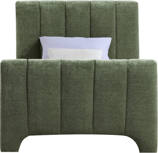 Meridian Furniture Camila Channel Tufted Twin Bed Soft Chenille Upholstered Frame for Modern Bedrooms Green CamilaGreen-T
