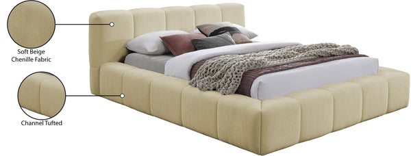 Meridian Furniture Carlin Channel Tufted Full Bed Chenille Upholstered Low Profile Contemporary Bedroom Frame Beige CarlinBeige-F