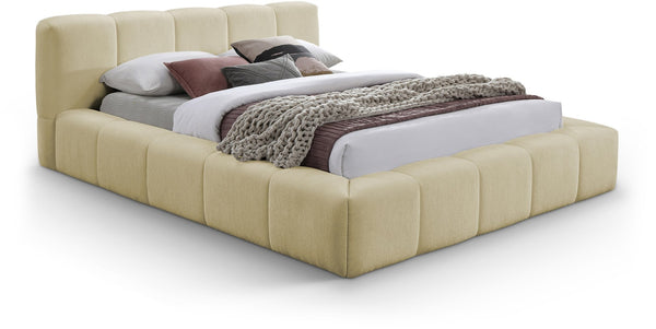 Meridian Furniture Carlin Queen Platform Bed Chenille Upholstered Channel Tufted Contemporary Bedroom Frame Beige CarlinBeige-Q