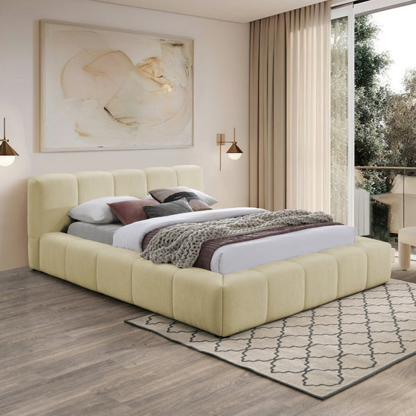 Meridian Furniture Carlin Queen Platform Bed Chenille Upholstered Channel Tufted Contemporary Bedroom Frame Beige CarlinBeige-Q