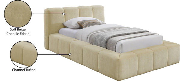 Meridian Furniture Carlin Channel Tufted Twin Bed Chenille Upholstered Frame for Modern Contemporary Bedrooms Beige CarlinBeige-T