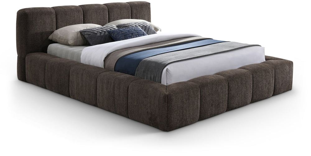 Meridian Furniture Carlin Channel Tufted Full Bed Chenille Upholstered Low Profile Contemporary Bedroom Frame Brown CarlinBrown-F