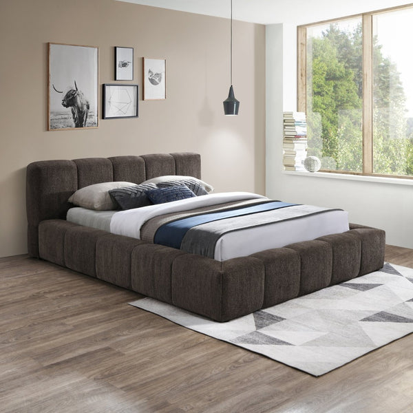 Meridian Furniture Carlin Queen Platform Bed Chenille Upholstered Channel Tufted Contemporary Bedroom Frame Brown CarlinBrown-Q