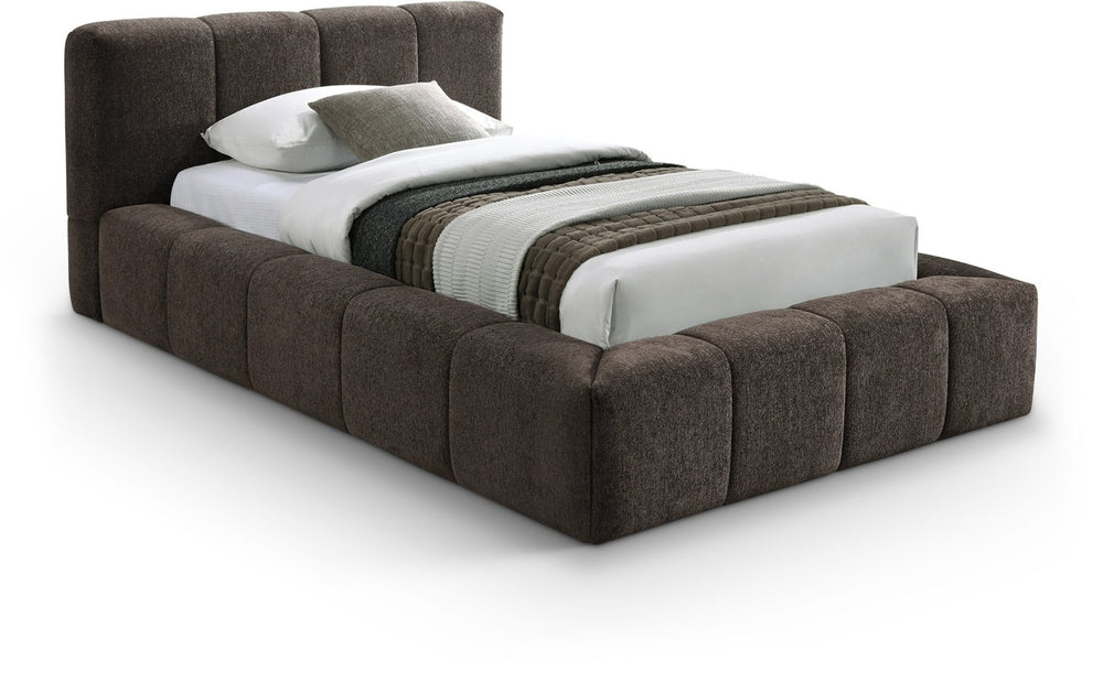 Meridian Furniture Carlin Channel Tufted Twin Bed Chenille Upholstered Frame for Modern Contemporary Bedrooms Brown CarlinBrown-T