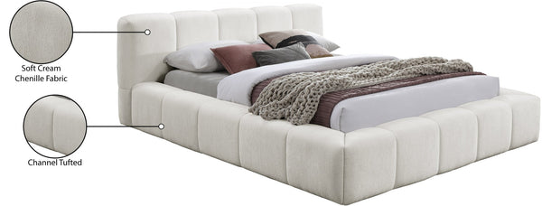 Meridian Furniture Carlin Channel Tufted Full Bed Chenille Upholstered Low Profile Contemporary Bedroom Frame Cream CarlinCream-F