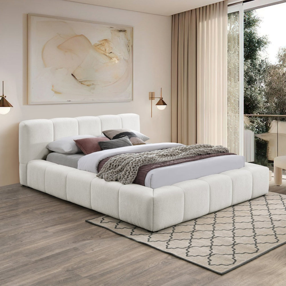 Meridian Furniture Carlin Channel Tufted King Bed Chenille Upholstered Architectural Headboard for Modern Bedroom Cream CarlinCream-K