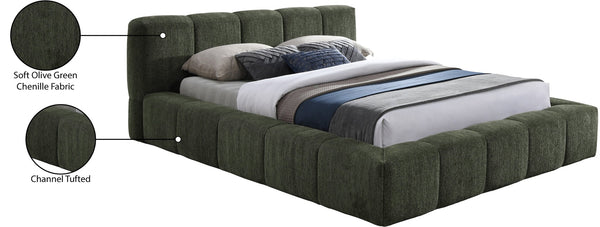 Meridian Furniture Carlin Queen Platform Bed Chenille Upholstered Channel Tufted Contemporary Bedroom Frame Olive CarlinOlive-Q
