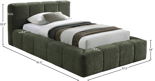 Meridian Furniture Carlin Channel Tufted Twin Bed Chenille Upholstered Frame for Modern Contemporary Bedrooms Olive CarlinOlive-T