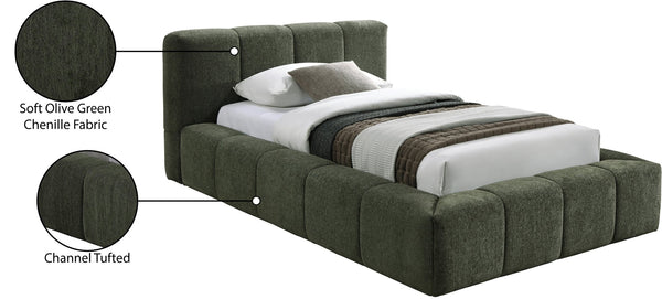 Meridian Furniture Carlin Channel Tufted Twin Bed Chenille Upholstered Frame for Modern Contemporary Bedrooms Olive CarlinOlive-T