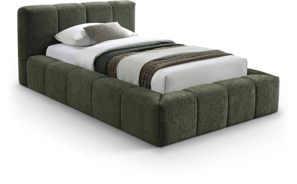 Meridian Furniture Carlin Channel Tufted Twin Bed Chenille Upholstered Frame for Modern Contemporary Bedrooms Olive CarlinOlive-T