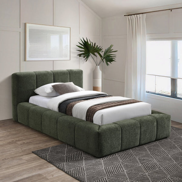 Meridian Furniture Carlin Channel Tufted Twin Bed Chenille Upholstered Frame for Modern Contemporary Bedrooms Olive CarlinOlive-T