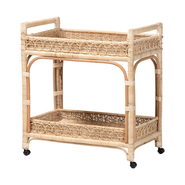 Baxton Studio Bali & Pari Carole Handwoven Rattan Kitchen Cart Two Tier Wicker Storage on Casters Carole-Natural Rattan-Cart