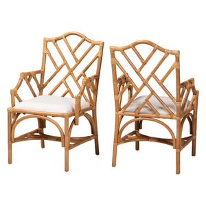 Baxton Studio Bali & Pari Cedric Handcrafted Rattan Dining Armchair Set with Cushioned Seats Cedric-Light Honey Rattan-Cushion-Arm-DC