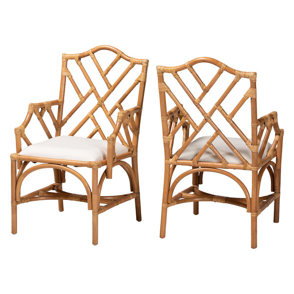 Baxton Studio Bali & Pari Cedric Handcrafted Rattan Dining Armchair Set with Cushioned Seats Cedric-Light Honey Rattan-Cushion-Arm-DC