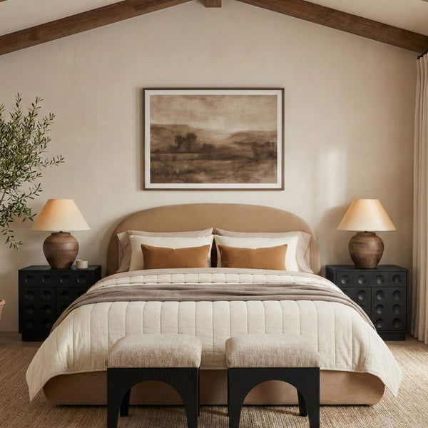 Meridian Furniture Celine Sculptural Velvet Full Bed Curved Upholstered Frame for Modern Glam Bedrooms Beige CelineBeige-F