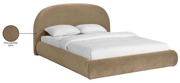 Meridian Furniture Celine Sculptural Curved Queen Bed Fully Upholstered Velvet Frame for Glam Bedrooms Beige CelineBeige-Q