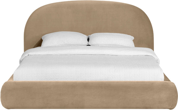 Meridian Furniture Celine Sculptural Curved Queen Bed Fully Upholstered Velvet Frame for Glam Bedrooms Beige CelineBeige-Q