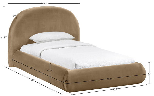 Meridian Furniture Celine Sculptural Velvet Twin Bed Curved Upholstered Headboard for Modern Glam Bedrooms Beige CelineBeige-T