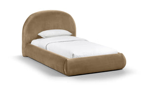 Meridian Furniture Celine Sculptural Velvet Twin Bed Curved Upholstered Headboard for Modern Glam Bedrooms Beige CelineBeige-T