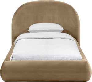 Meridian Furniture Celine Sculptural Velvet Twin Bed Curved Upholstered Headboard for Modern Glam Bedrooms Beige CelineBeige-T