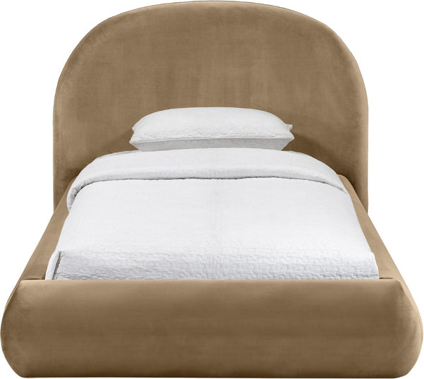 Meridian Furniture Celine Sculptural Velvet Twin Bed Curved Upholstered Headboard for Modern Glam Bedrooms Beige CelineBeige-T