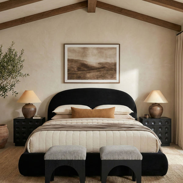 Meridian Furniture Celine Sculptural Curved Queen Bed Fully Upholstered Velvet Frame for Glam Bedrooms Black CelineBlack-Q