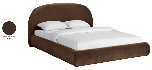 Meridian Furniture Celine Sculptural Curved Velvet King Bed Fully Upholstered Frame for Glam Bedroom Decor Brown CelineBrown-K