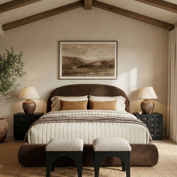 Meridian Furniture Celine Sculptural Curved Queen Bed Fully Upholstered Velvet Frame for Glam Bedrooms Brown CelineBrown-Q