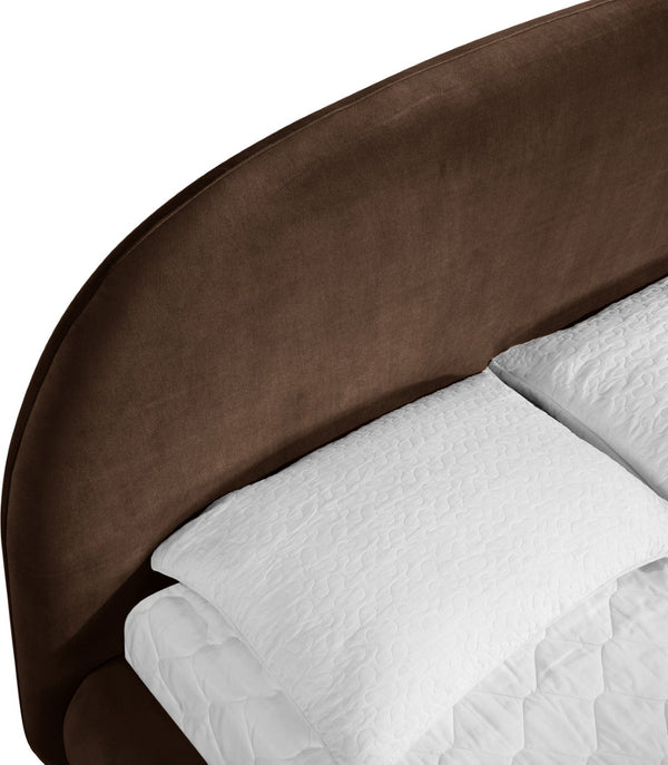 Meridian Furniture Celine Sculptural Curved Queen Bed Fully Upholstered Velvet Frame for Glam Bedrooms Brown CelineBrown-Q