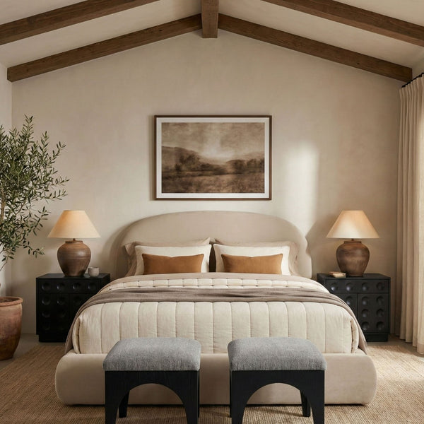 Meridian Furniture Celine Sculptural Curved Velvet King Bed Fully Upholstered Frame for Glam Bedroom Decor Cream CelineCream-K